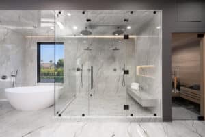 Charleston Corian Shower Pan installed in bathroom