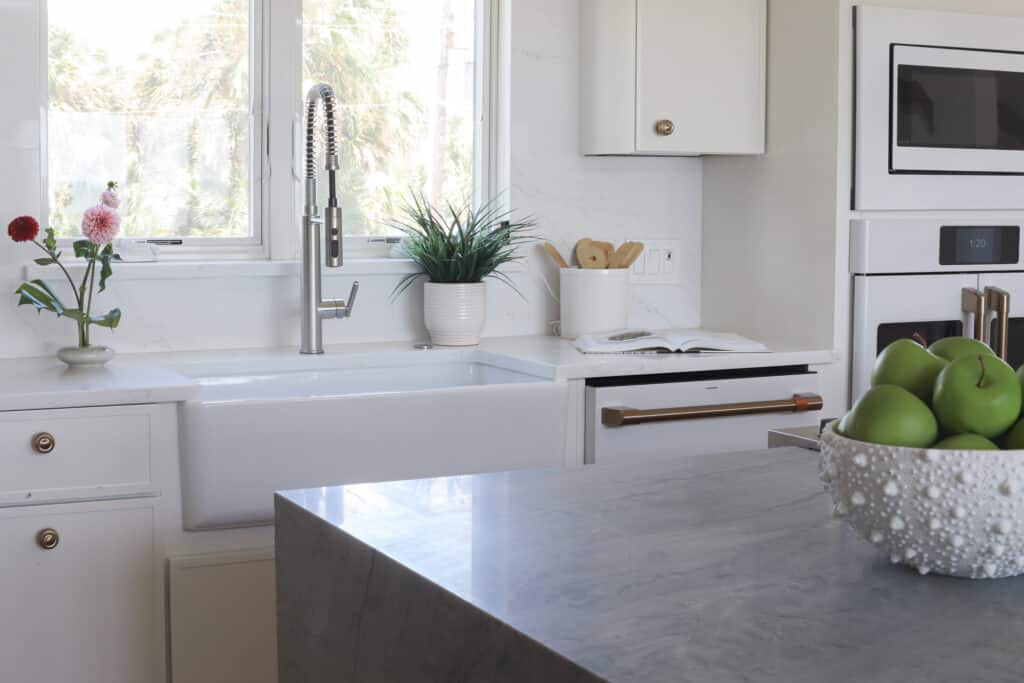 white quartz and grey countertop in Charleston kitchen