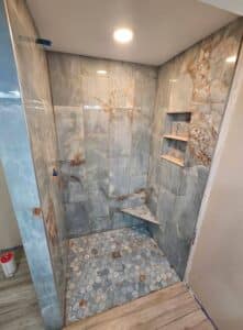 full shower remodel new countertops, niches, tile